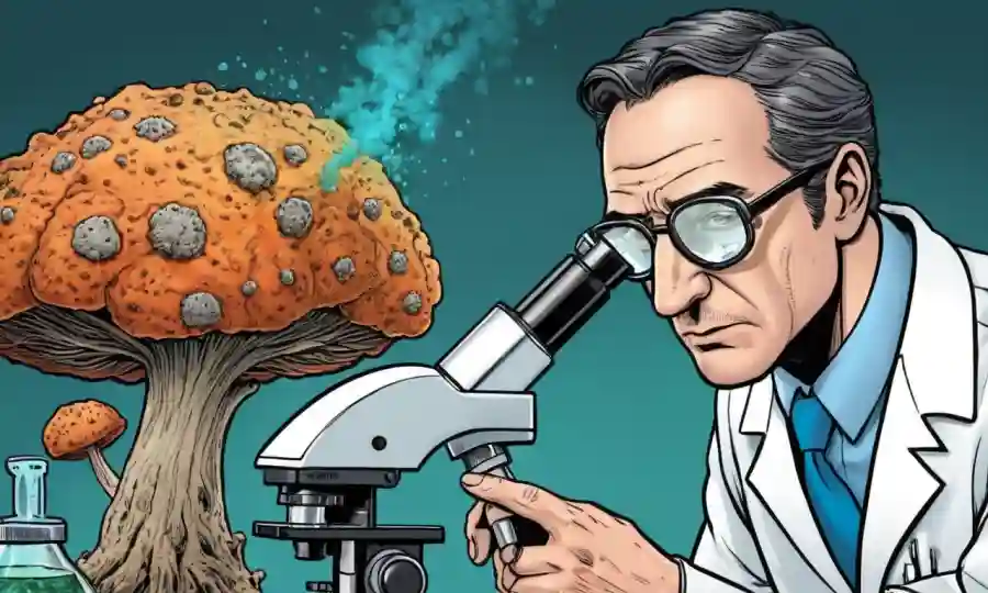 Un científico que estudia bajo un microscopio muestras con esclerocia fúngica.