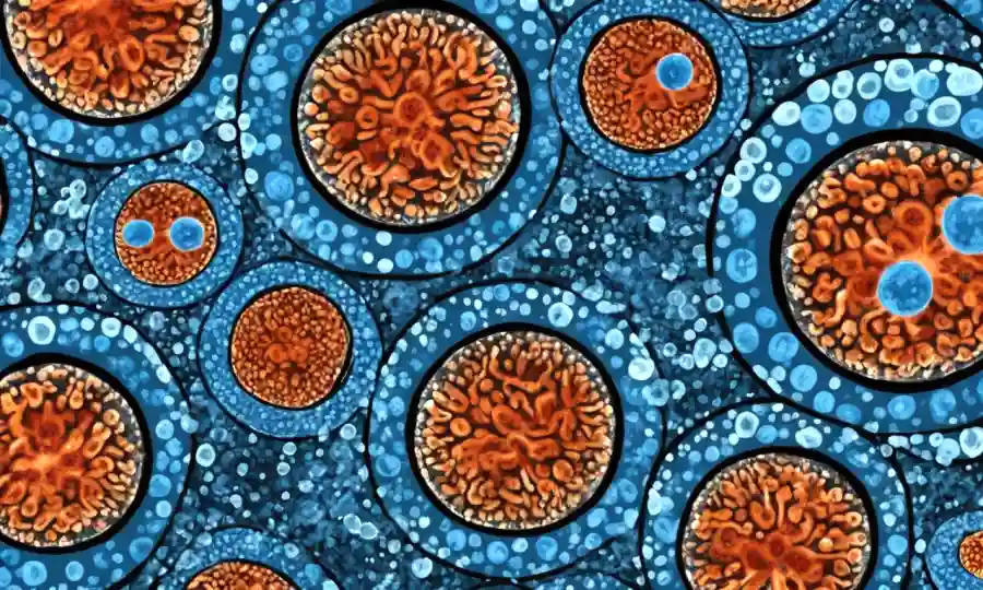 Vista microscópica de esporas fúngicas dispersando en un plato petri.