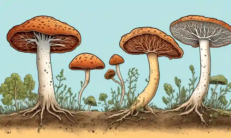 Una imagen de microscopio de etapas de crecimiento de micelio hongos con flechas y etiquetas que exploran su ciclo de vida.