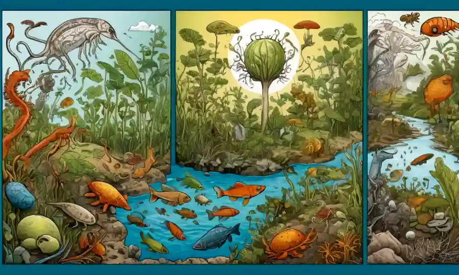 Ilustraciones de organismos en diferentes etapas de su ciclo de vida, rodeadas de diagramas morfológicos y conceptos biológicos.