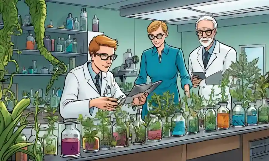 Un grupo de personas que realizan experimentos científicos entre diversas especies vegetales