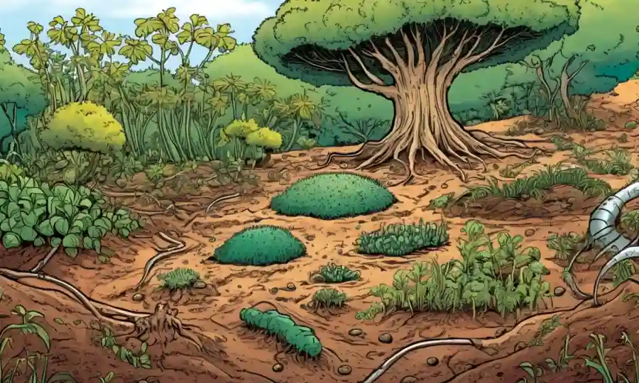 Microorganismos interactuando en suelo con plantas y árboles, transmitiendo diversidad de ecosistemas.