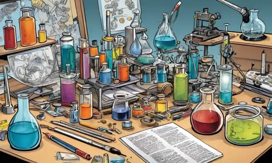 Una mezcla de experimentos científicos y suministros de arte en una mesa desordenada, simbolizando la mezcla de ciencia y arte en investigación.