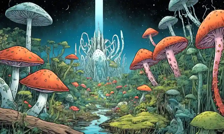 Una fusión de diagramas científicos e ilustraciones artísticas que muestran relaciones simbióticas en la naturaleza.