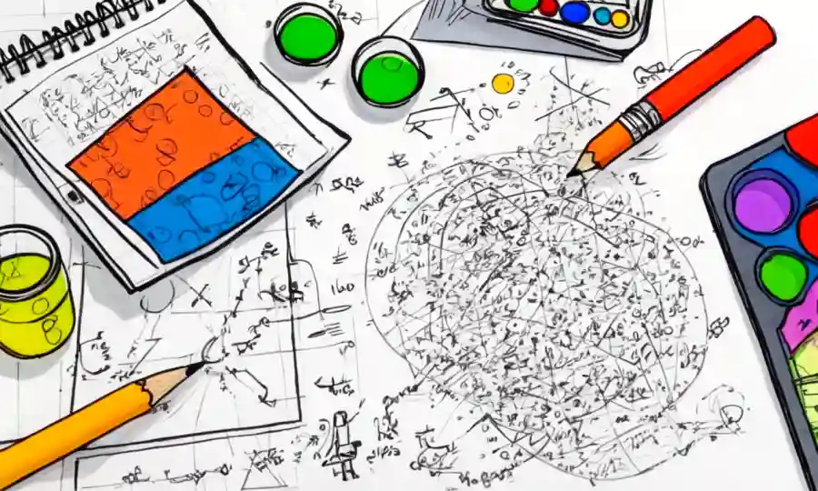 Un científico de laboratorio que combina ecuaciones en papel con un cuaderno de dibujo de artistas y formas coloridas.