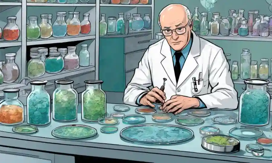 Científico de laboratorio rodeado de platos petri