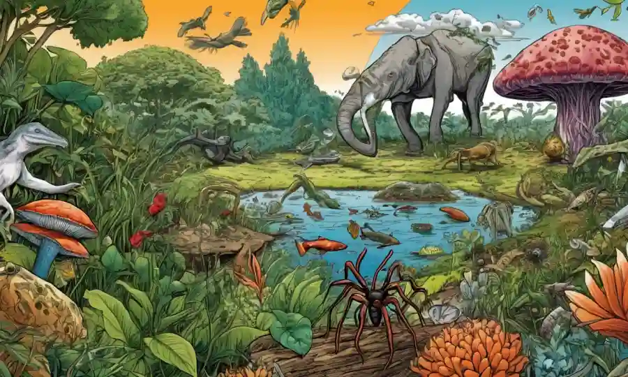 Las ilustraciones científicas de diferentes organismos interactúan, superadas en los antecedentes que representan sus hábitats naturales.