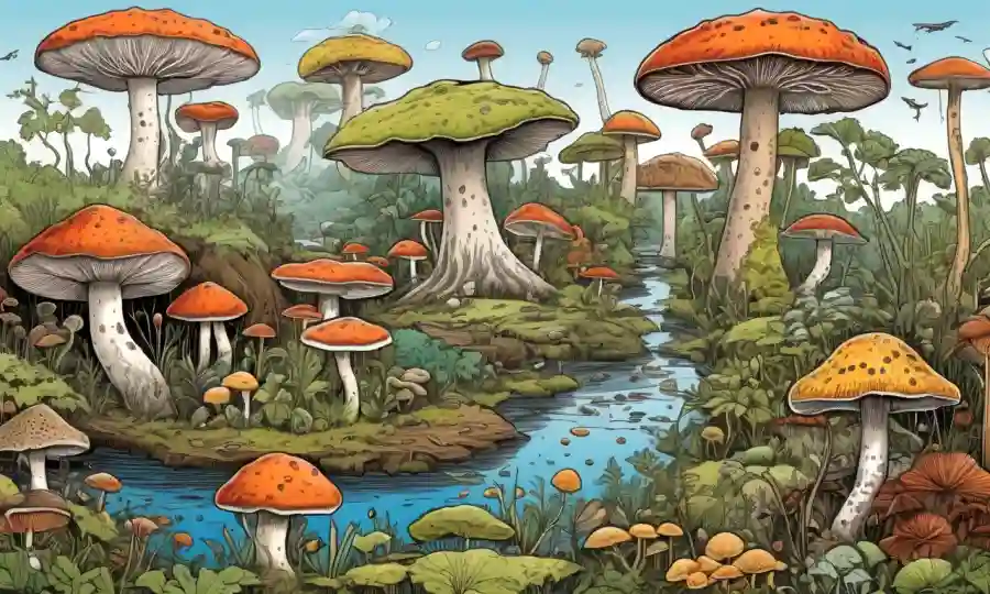 Diversos tipos de hongos y hábitats mostrados en una ilustración científica o diagrama.