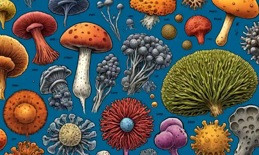 Una imagen microscópica de varias formas y estructuras de esporas, con etiquetas que explican su morfología.
