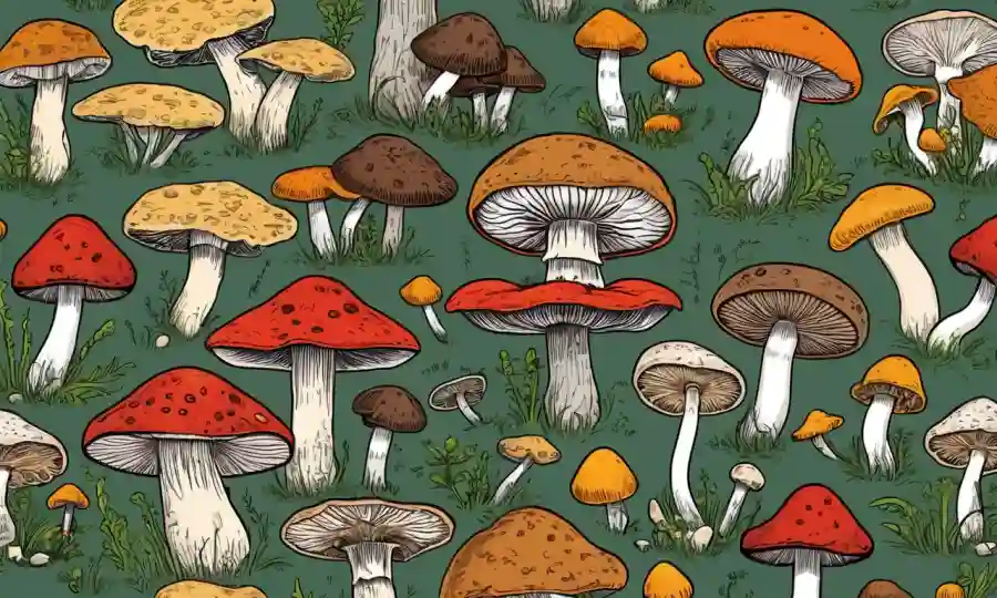 Varios tipos de hongos representados junto con texto descriptivo sobre sus características y ejemplos.