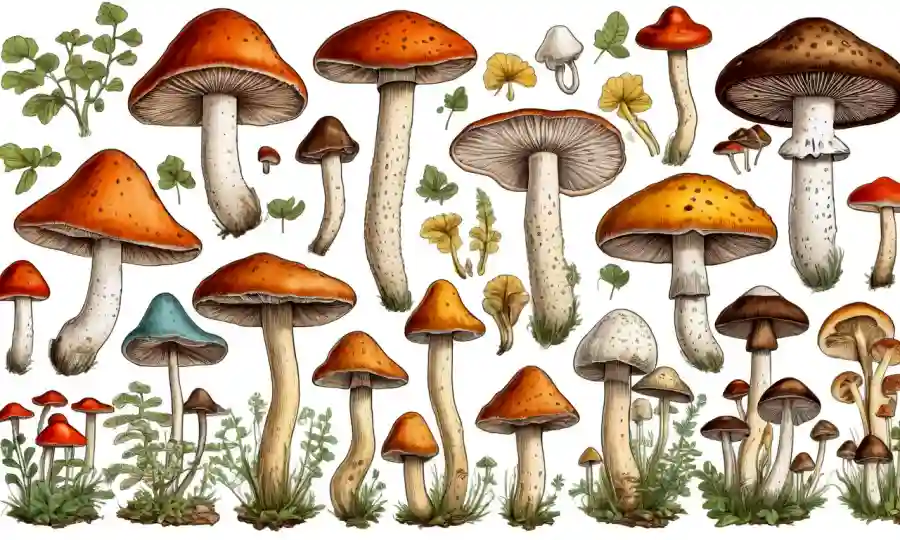 Ilustración científica que muestra varios tipos de hongos clasificados en un gráfico o diagrama.
