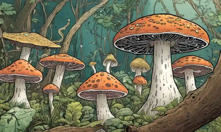Ilustración de varias especies fúngicas y métodos de reproducción.