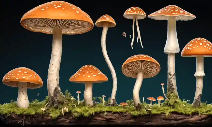 Secuencia de etapas de ciclo de vida de hongos con generaciones alternas de esporas y micelio.