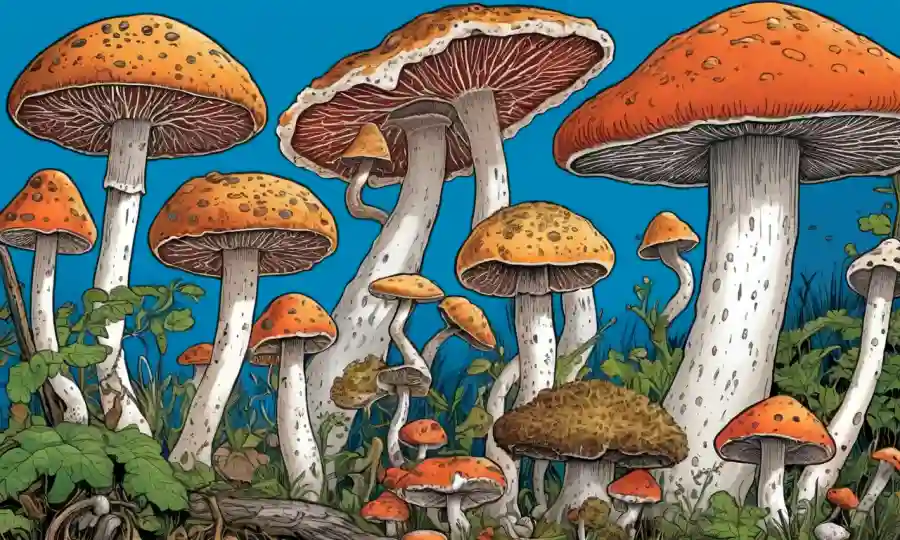 Ilustraciones de varias especies de hongos agrupadas por sus métodos reproductivos.