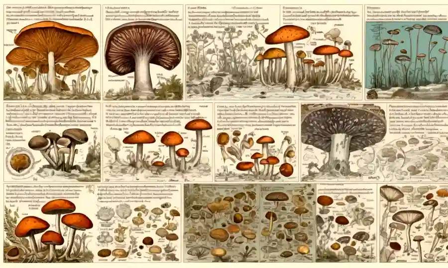 Imágenes microscópicas de varios hongos en diapositivas transparentes entre textos científicos y diagramas.