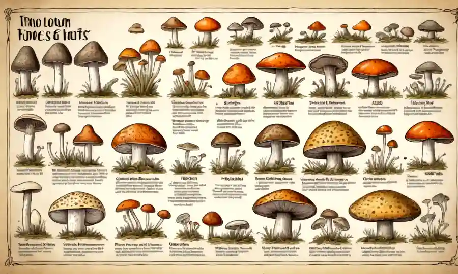 Varios hongos ilustrados o representados en gráficos, acompañados por texto.