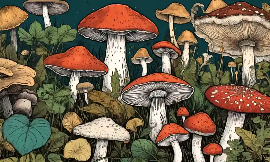 Ilustraciones de varios hongos rodeados por sus nombres botánicos.