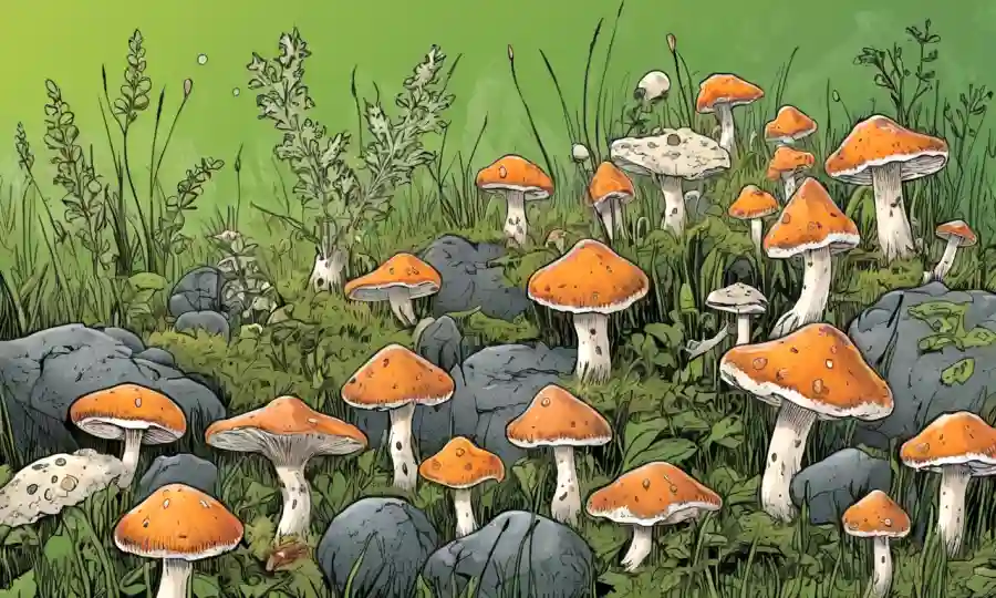 Especies de hongos en un fondo pastoso con flechas apuntando a ejemplos esclerotia.
