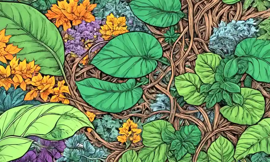 Ilustración con formas de vida vegetal entrelazadas en medio de cambios estacionales en la naturaleza.