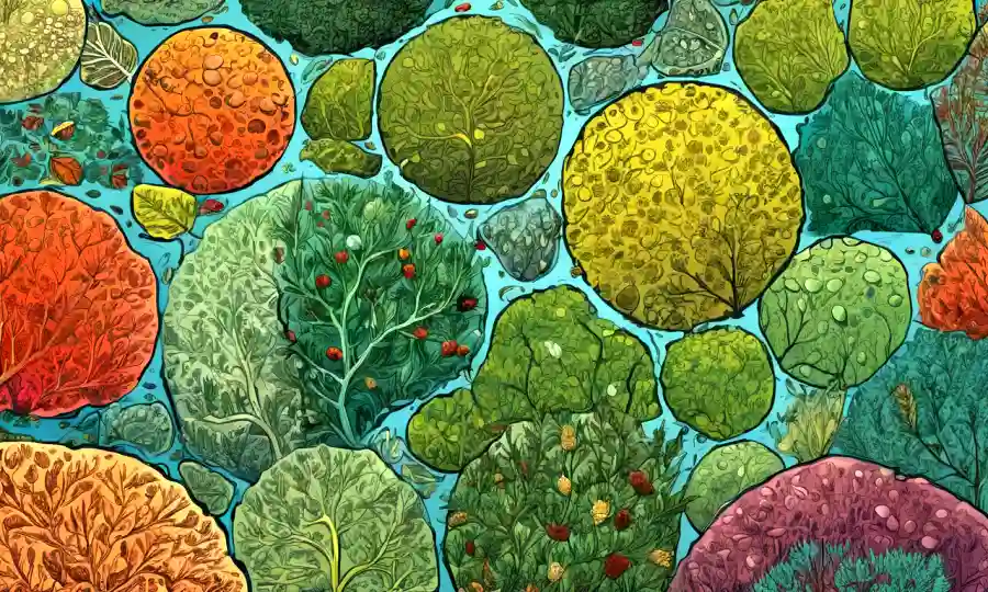 Un montaje de cambios de paisaje estacional, mezclando en micrografos de células vegetales.