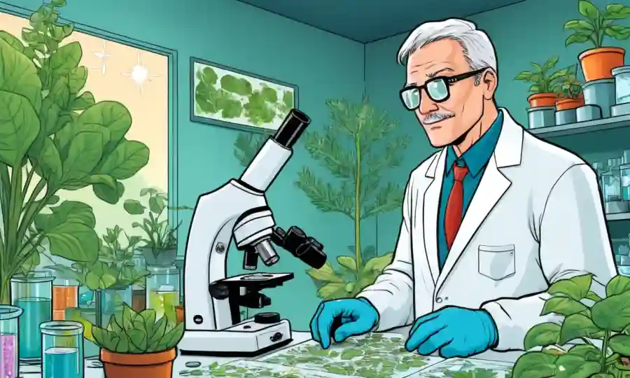 Científico examina las diapositivas del microscopio en un laboratorio con plantas y tablas estacionales.