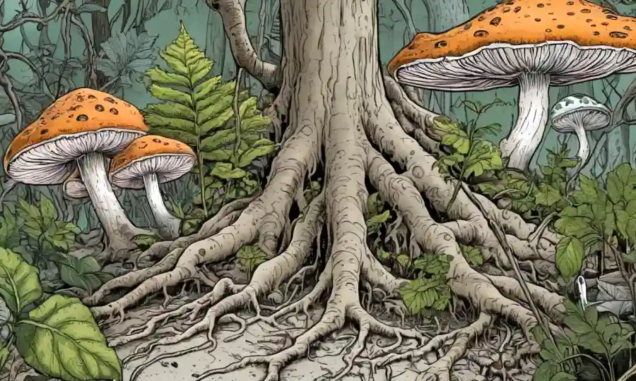 Ilustración científica del crecimiento fúngico en las raíces vegetales entre especímenes botánicos estacionales.