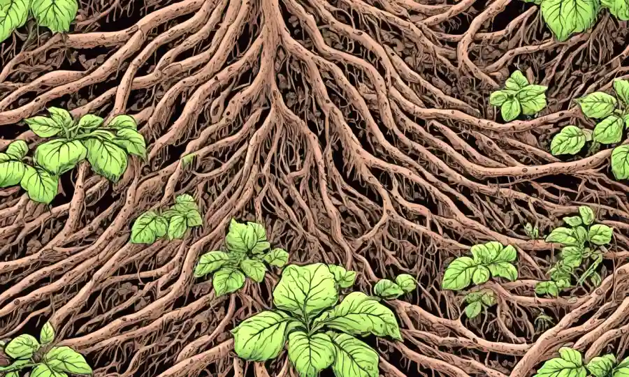 Ilustración de pequeños organismos endofiticos en raíces vegetales, simbolizando la resiliencia contra el cambio climático.
