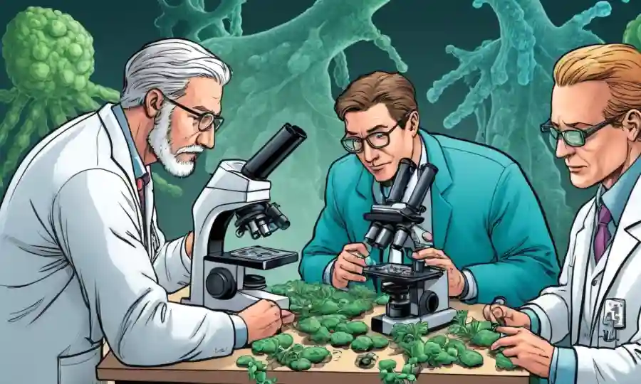 Científicos de varios campos recogiendo alrededor de un microscopio