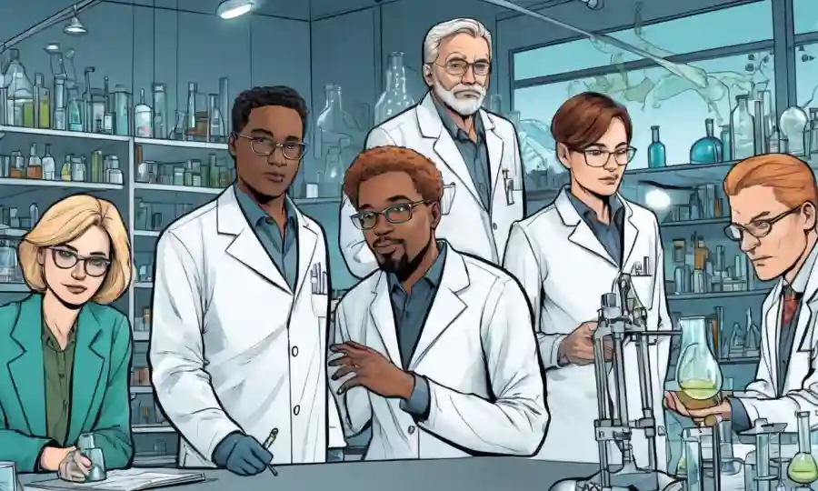 Un grupo diverso de científicos de diferentes campos trabajando juntos en un laboratorio con diagramas y datos ecológicos.