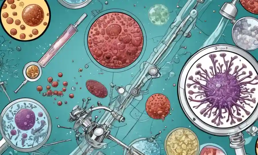Microorganismos que interactúan en las diapositivas del microscopio rodeados de equipos y diagramas científicos.