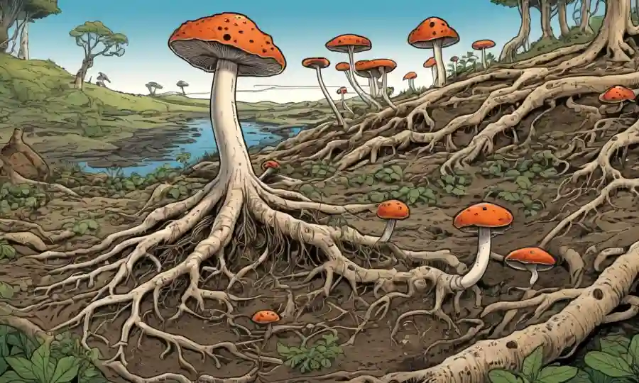 Ilustraciones científicas de hongos ramándose de raíces vegetales en un paisaje terrestre, simbolizando conexiones ecológicas.