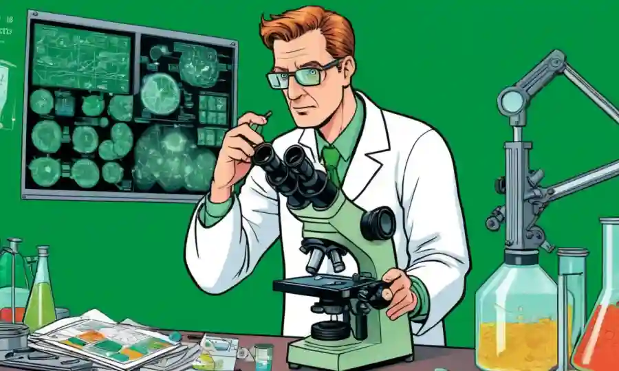Un científico de pie detrás de un microscopio, rodeado de gráficos y equipos, con un fondo verde que indica el enfoque ambiental.