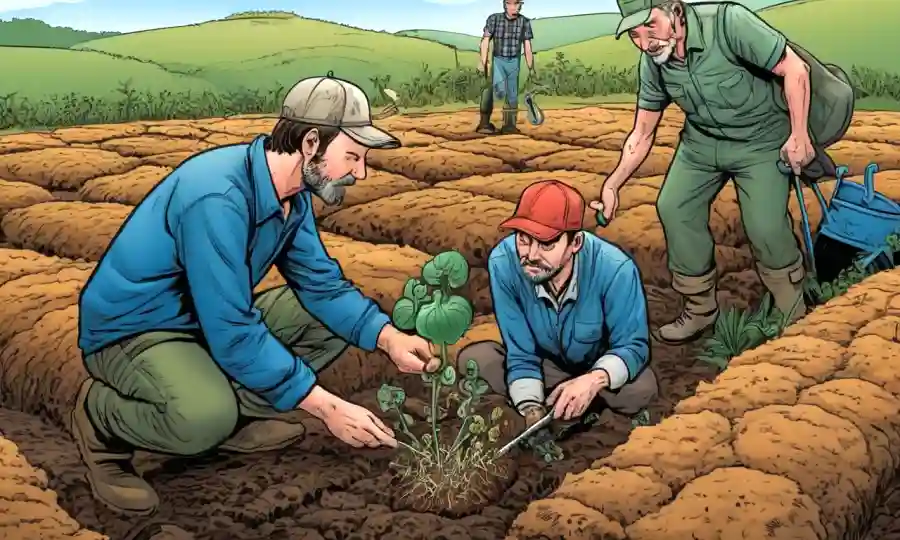 Los agricultores que observan hongos beneficiosos simbióticos en muestras de suelo.