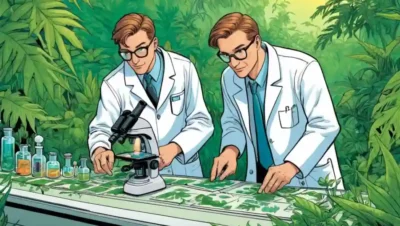 Científicos en capas de laboratorio que examinan las diapositivas del microscopio entre la vegetación exuberante.