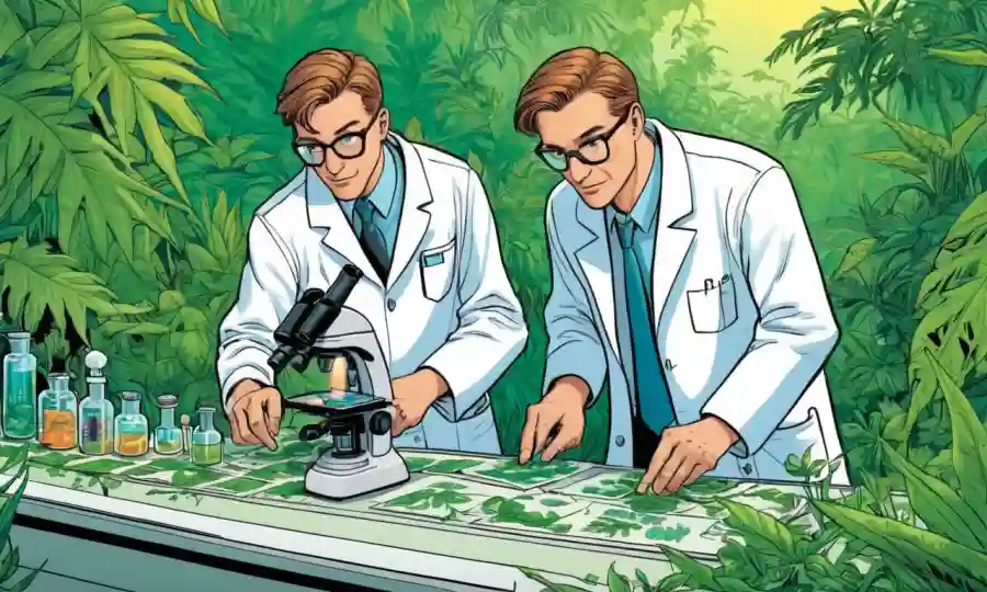 Científicos en capas de laboratorio que examinan las diapositivas del microscopio entre la vegetación exuberante.