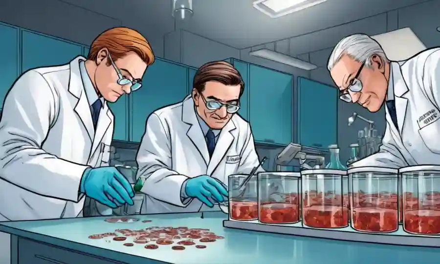 Científicos que examinan muestras de hongos microscópicos en platos petri de laboratorio.