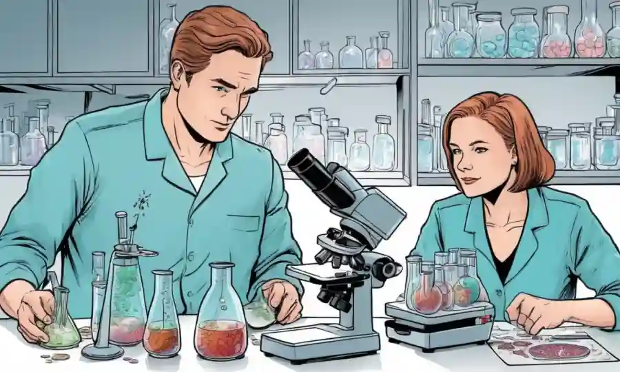 Investigadores microbianos que examinan los platos petri bajo un microscopio con diagramas y gráficos.