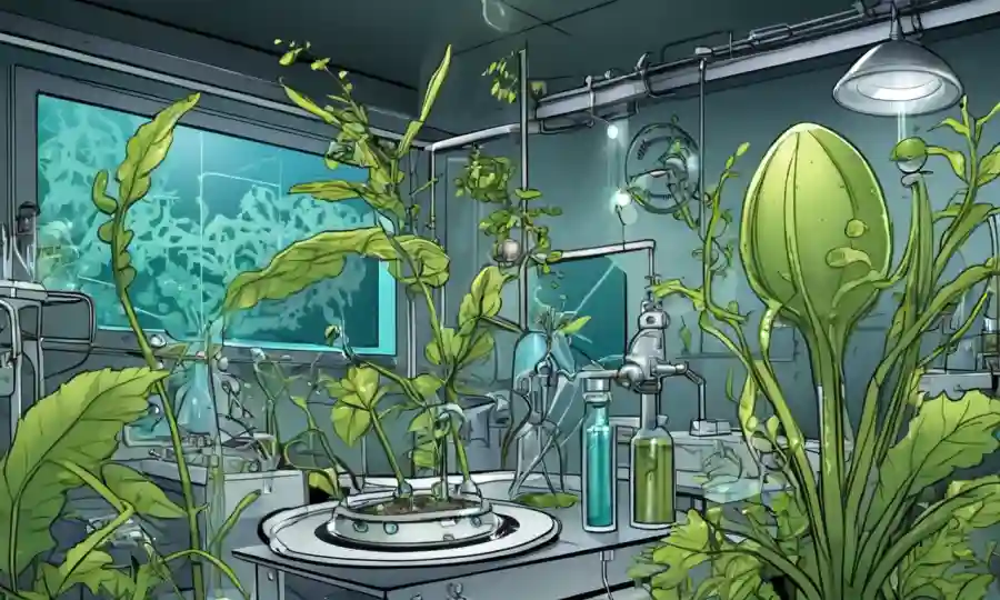 Microorganismos creciendo dentro de tallos o hojas de plantas, con equipos científicos y gráficos en el fondo.