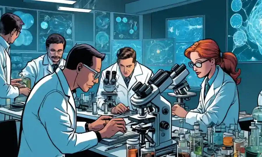 Investigadores científicos de diversas disciplinas trabajando juntos en un laboratorio con microscopio y muestras de datos que los rodean.