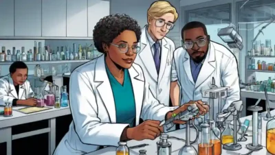 Científicos de diversos países que trabajan juntos en un laboratorio.