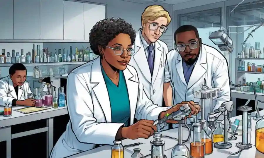 Científicos de diversos países que trabajan juntos en un laboratorio.