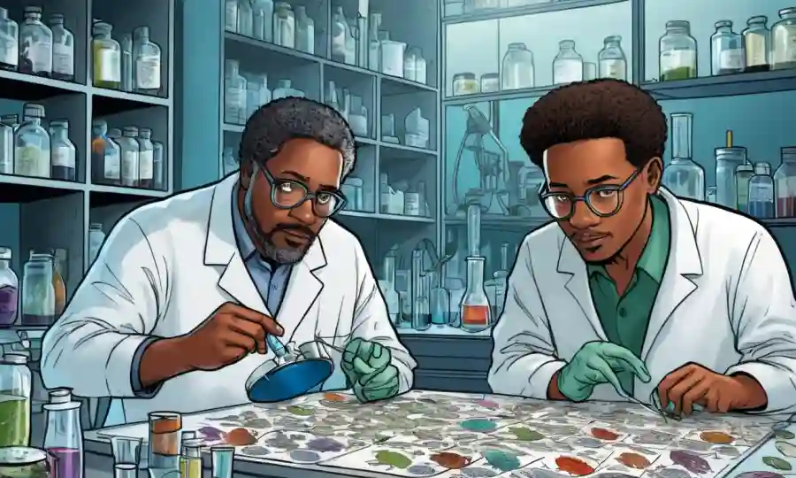 Científicos de diversos países analizando las diapositivas del microscopio de redes fúngicas en un entorno de investigación colaborativo.