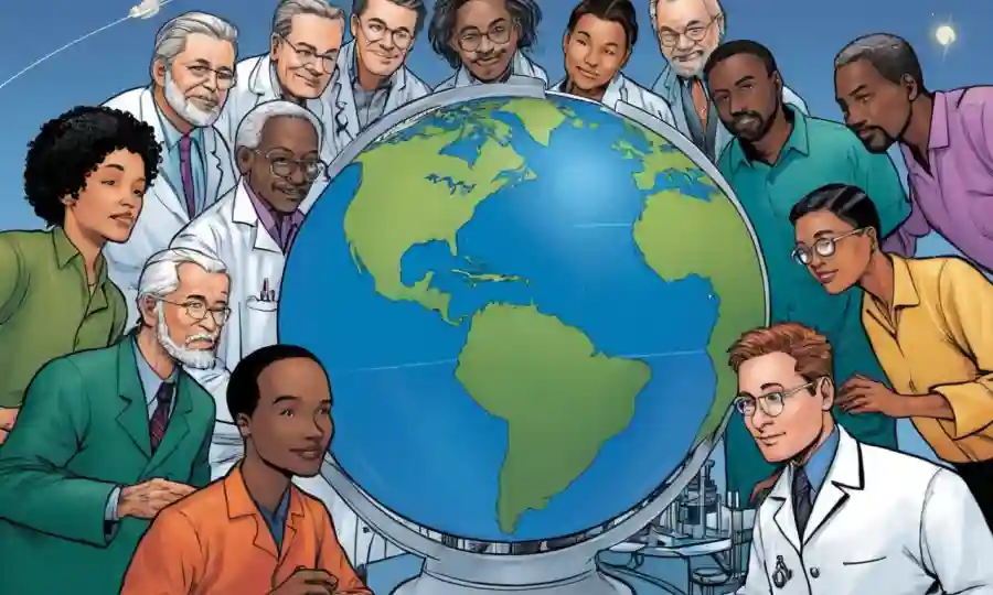 Grupo de científicos de diversas culturas y países discutiendo colaborativamente la investigación de simbiosis en todo un mundo.