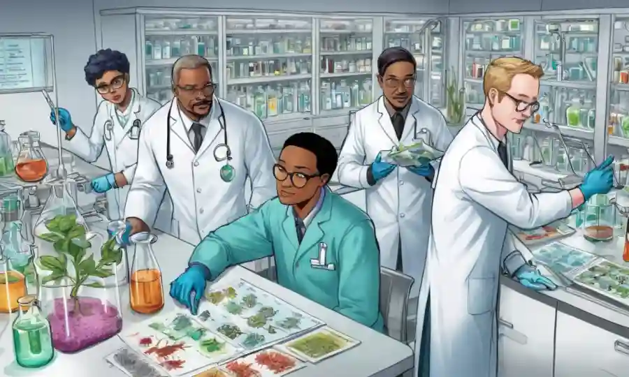 Científicos de diversos países colaborando entre laboratorios de microbiología e ilustraciones de flora.