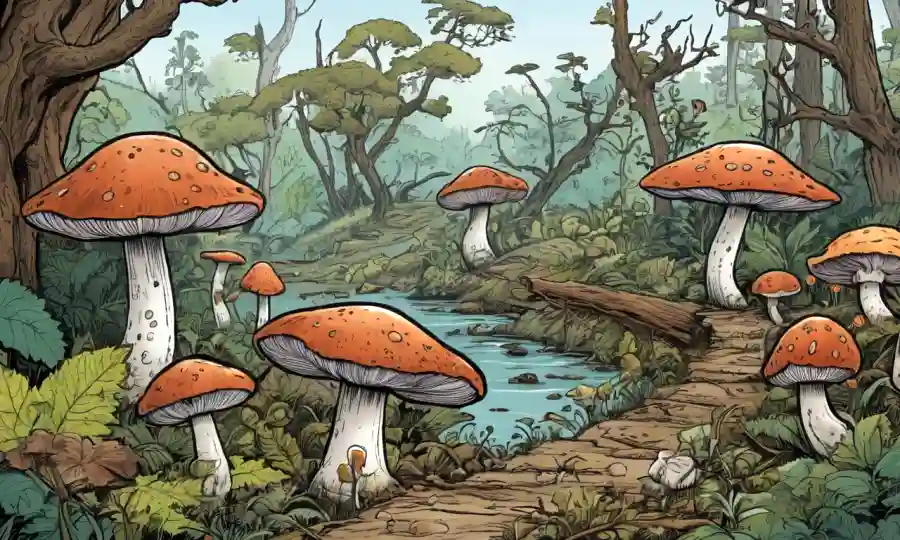 Ilustraciones de hongos en diferentes hábitats, con comandos o guías para identificar especies.