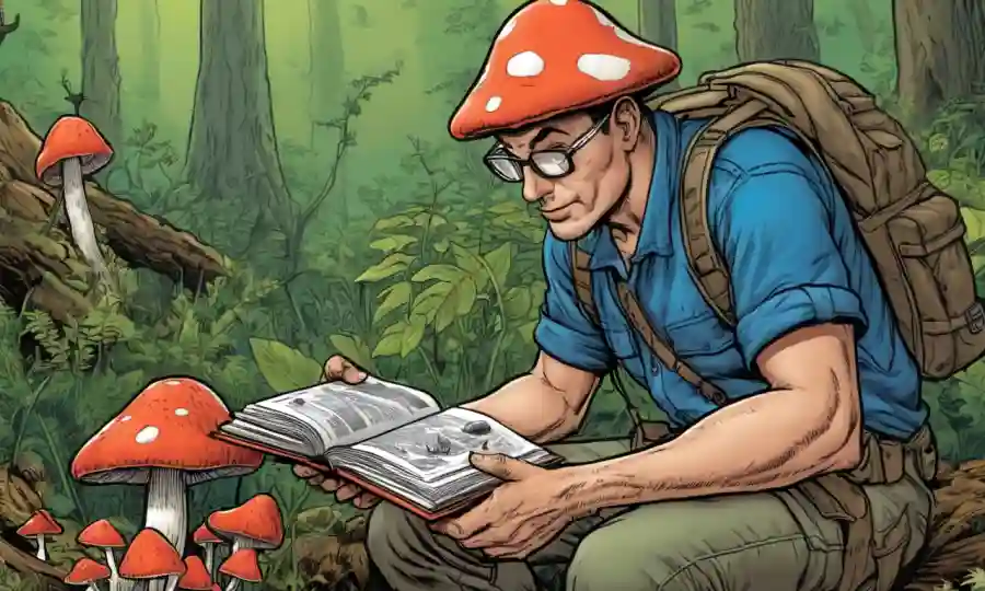 Un cazador de setas estudiando una guía con ilustraciones de especies comestibles y venenosas.