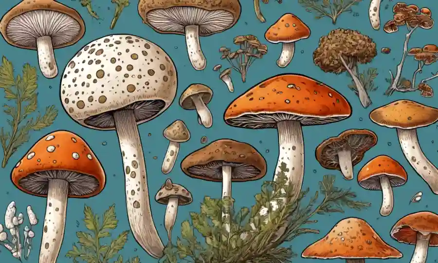 Esporas de hongos y hongos magnificados ilustraciones con guías de identificación.