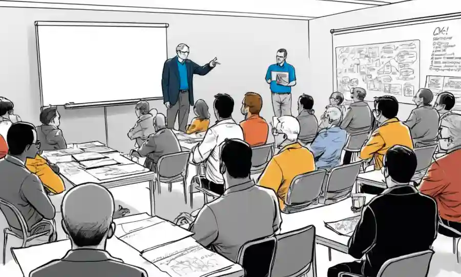 Reunión académica alrededor de una pizarra que discute las convenciones de nombres.