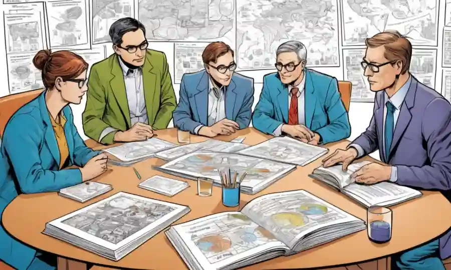 Un grupo de investigadores se reunieron alrededor de una tabla con diagramas y libros, rodeados de gráficos lingüísticos y terminológicos.