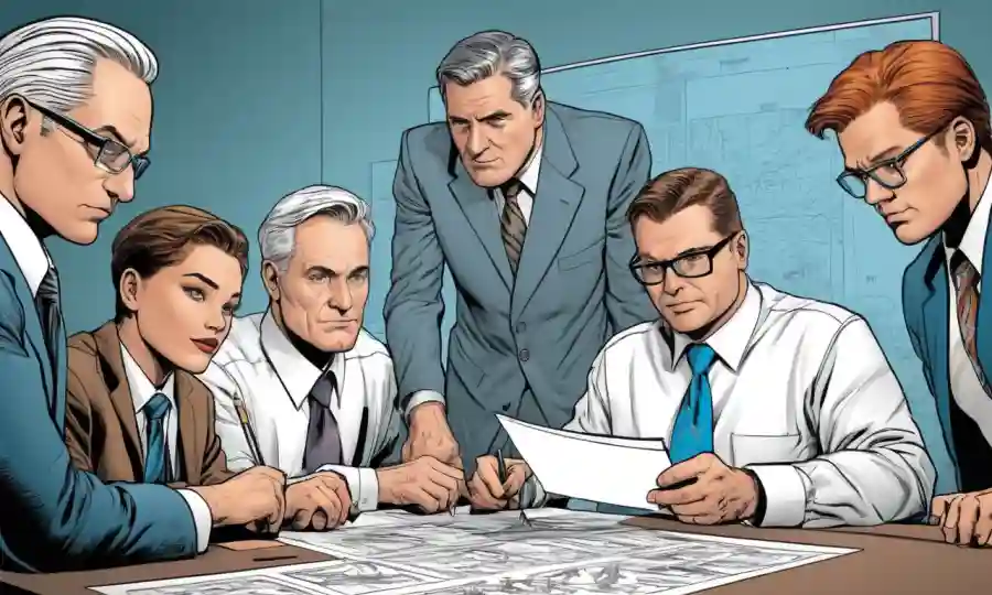 Un equipo de profesionales colaborando en la elaboración de convenciones entre diagramas.